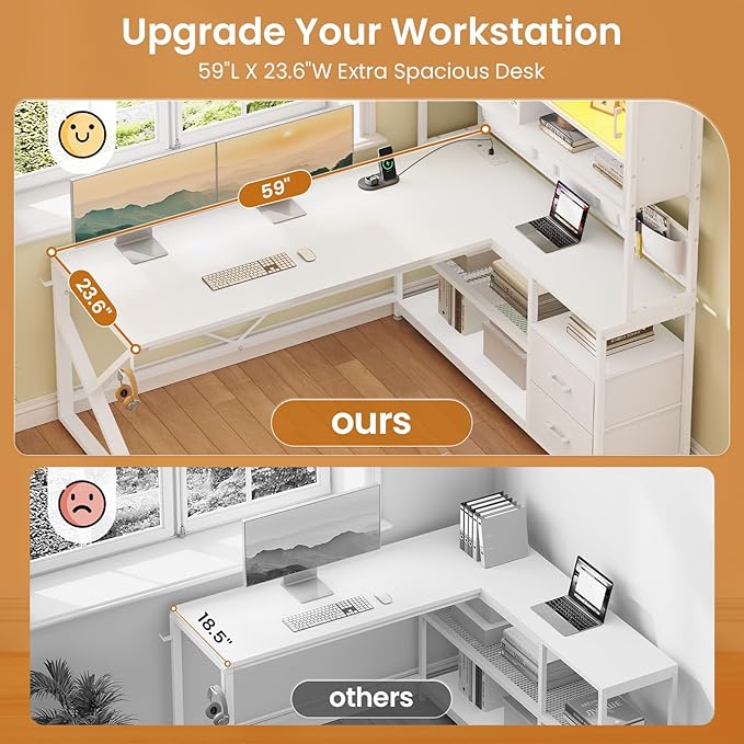 SEDETA L Shaped Gaming Desk, Home Office Computer Desk with 2 Drawer and Bookshelf, L Shaped Gaming Corner Desk with LED Light, Glass Cabinet,Storage Bag and Storage Shelves, White