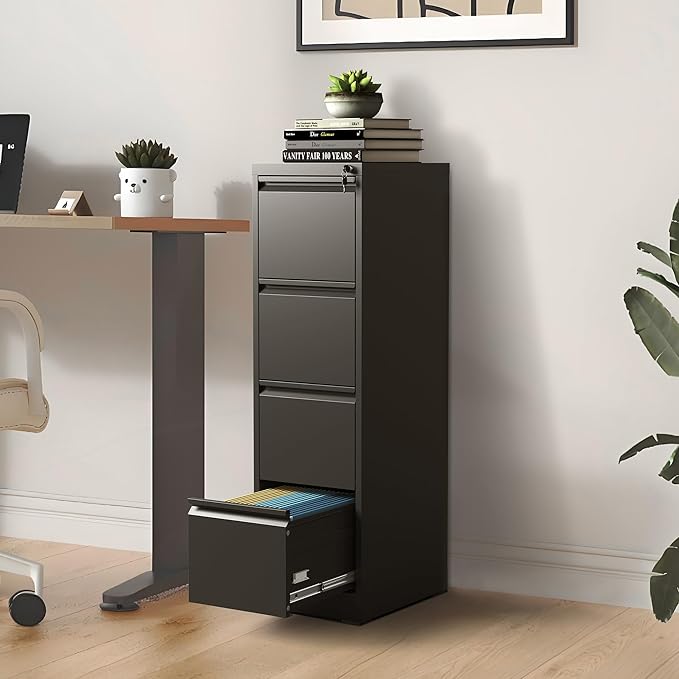 4-Drawer Locking Vertical File Cabinet, Metal Storage Cabinet for Office/Home – Secure Vertical Filing for Letter/Legal/A4/F4 Documents, Easy to Assemble Steel Cabinet (Black, 4 Drawer-52 H)