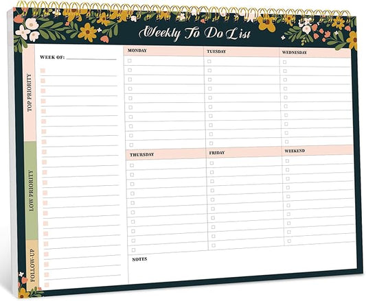 Weekly To Do List Notepad with 52 Undated Sheets（8.5"×11"）- Weekly Desk Planner for Women & Man, Work and Home - Rustic Floral