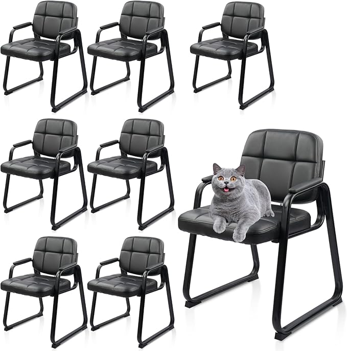 CLATINA Waiting Room Chairs No Wheels Set of 8, Stationary Leather Office Reception Guest Chair with Padded Arms and Sled Base for Elderly Desk Conference Room Lobby Table Side Salon