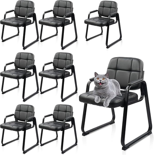 CLATINA Waiting Room Chairs No Wheels Set of 8, Stationary Leather Office Reception Guest Chair with Padded Arms and Sled Base for Elderly Desk Conference Room Lobby Table Side Salon
