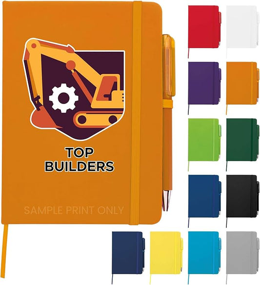 Personalized Notebook Journal – 5” x 7” Customized Notebook with Name, Text or Logo - 100 Page Custom Journal. Leatherette Hardcover & Pen - Orange 150 Pack