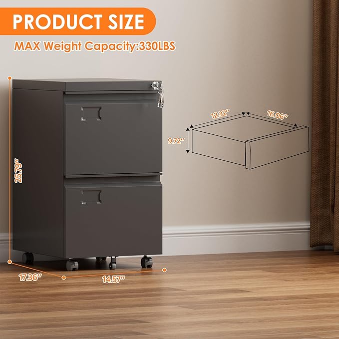 2 Drawers Metal File Cabinet with Lock, Under Desk Mobile Filing Storage Cabinet with Business Card Slot for Letter/Legal/F4/A4 Size Folders,Required Assembly,14.57"W x 17.36"D x 25.79"H,Black