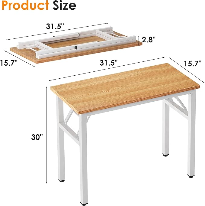 sogesfurniture Small Computer Desk 31.5 inches Folding Table No Assembly Sturdy Writing Desk Folding Desk for Small Spaces, Teak Color Desktop and Black Steel Frame, Teak & White