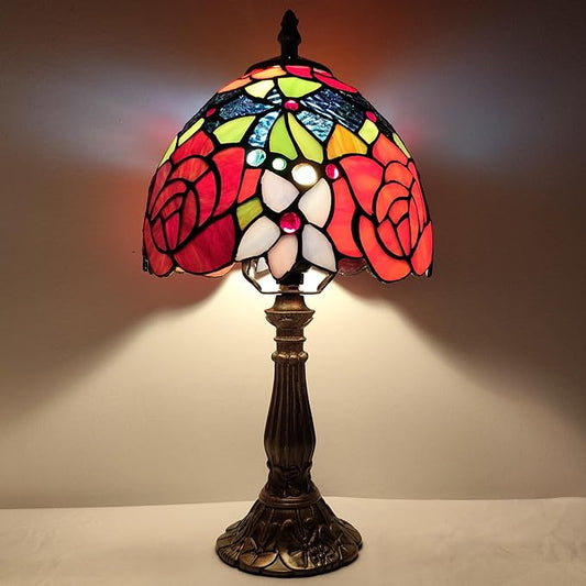Small Tiffany Table Lamp 8 Inch Tiffany Style Desk Lamp Stained Glass Antique Light Decoration Bedroom Bedside Lamp Retro Reading Lamps (Red Roses Flowers Style)