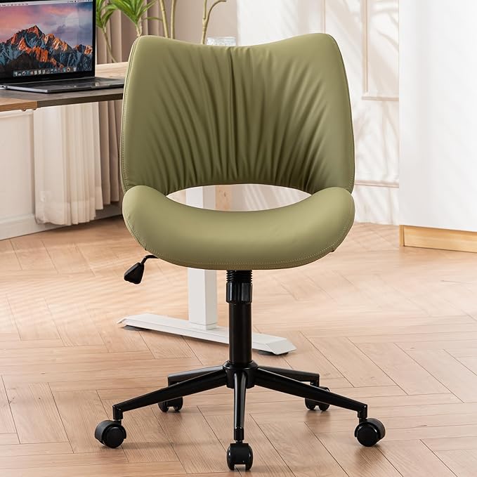 Rowill Armless Office Desk Chair, Ergonomic PU Leather Modern Task Chair with Back Adjustable Height, 360° Swivel Vanity Chairs with Wheels for Small Space, Home Office, Bedroom, Avocado Green