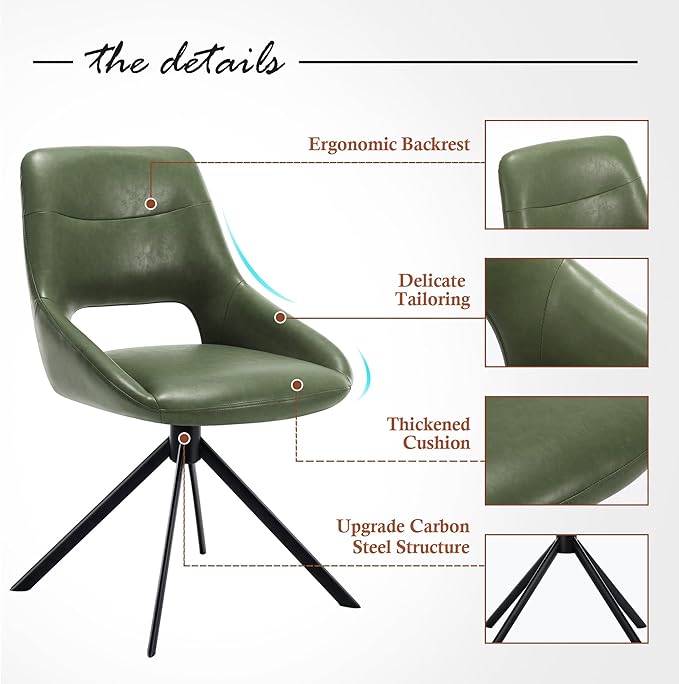 Mid Century Modern Desk Chair No Wheels Set of 1, Faux Leather Swivel Dining Chair with Metal Legs, Swivel Accent Chair Armchair for Small Spaces, Home Office, Living Room, Bedroom, Green