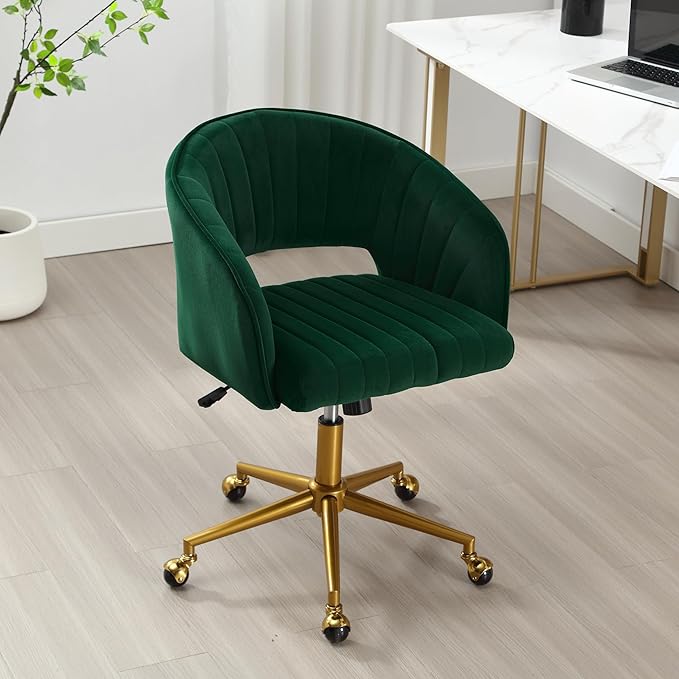 ABET Desk Chair with Wheels, Velvet Home Office Chair, Swivel Armchair Gold Base, Upholstered Modern Accent Chairs, Back Incline Adjustable for Living Room Bedroom Vanity, Dark Green