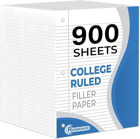 Rosmonde 6 Pack Loose Leaf Paper, 900 Sheets, College Ruled, 8" x 10.5", 56 gsm Bulk Office Filler Paper, 150 Sheets/Pack, 3 Hole Punched, College Ruled Paper for 3 Ring Binder, Notebook Paper, White