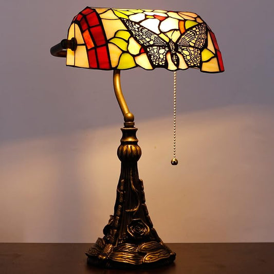 Tiffany Banker Lamp Small Stained Glass Table Lamp Tiffany Style Piano Light Desk Lamp Angle Adjustable 10.6X15.7 Inch for Home Office Living Room Bedroom (Butterfly in Flower Style)