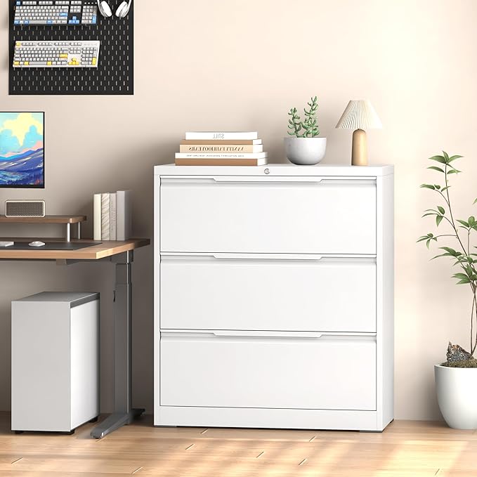 Coolsun Lateral File Cabinet, 3 Drawer File Cabinet with Lock, Wide Filing Cabinet for Home Office, Metal Locking Cabinet for Hanging A4/F4/Letter/Legal, Assembly Required (White, 3 Drawer)