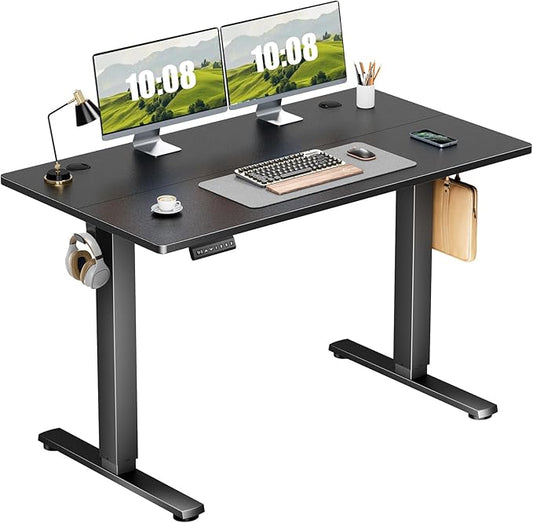Sweetcrispy Electric Adjustable Height Standing Desk - 48 x 24 inch Sit to Stand Up Desk with Splice Board, Rising Home Office Computer Table with 2 Hook and Wire Hole for Work