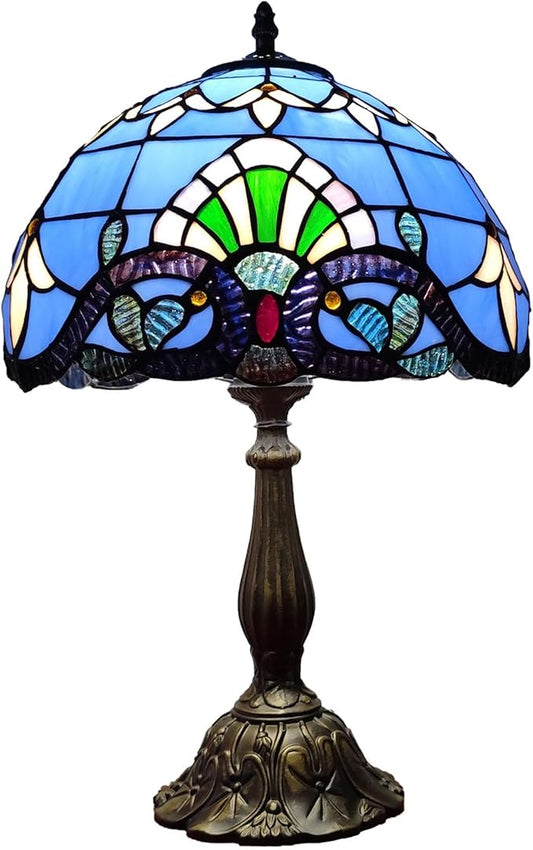 Tiffany Table Lamp 12X12X19 Inch Stained Glass Lamp Blue Baroque Style Antique Bedside Desk Nightstand Light for Bedroom Living Room Home Office Include 3-Color LED Bulb