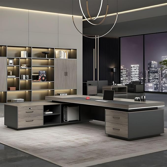 L-Shape Office Executive Desk, L-Shape Modern Executive Desk, Manufactured Wood Computer Desk, Management Working Table with Drawers and Storage (Left, 95" L x 63" W x 30" H-Double Cabinet)