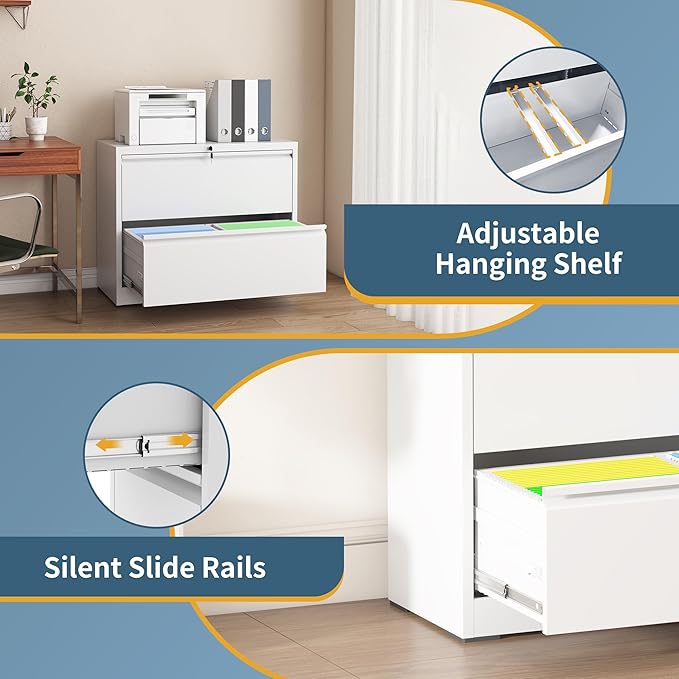 2 Drawer File Cabinet with Lock, Lateral Filing Cabinets,Metal Storage Filing Cabinets for Home Office, Heavy Duty File Cabinet for Letter/Legal/A4/F4 Size Amssebly Required, White
