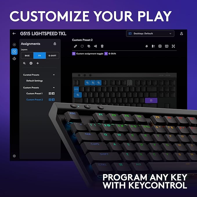 Logitech G515 Wireless Gaming Keyboard TKL, LIGHTSYNC RGB, Thin Tenkeyless Design, Double-Shot PBT Keycaps, Tactile Brown Mechanical Switches - Black
