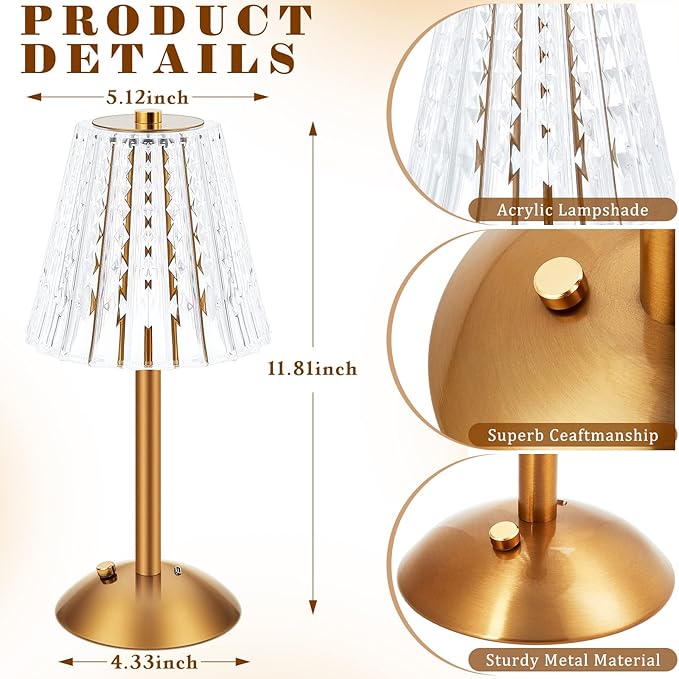 Liliful 4 Pcs LED Portable Cordless Table Lamp Touch Battery Operated Rechargeable Gold Desk Lamp 3 Color Dimmable for Bedroom Living Room Dining (Gold,Classic Style)