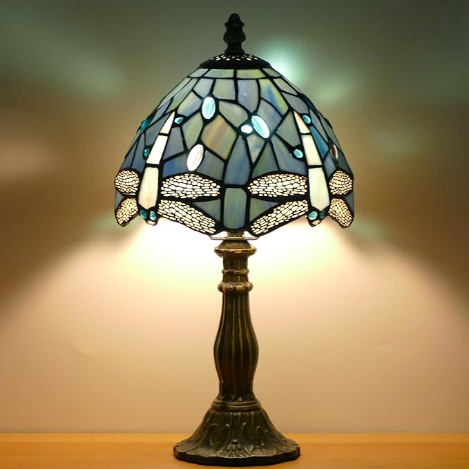 Small Tiffany Lamp Mini Stained Glass Table Lamp Bedside Accent Lamp Memory Sympathy 8X14.5 Inch (Sea Blue Dragonfly)