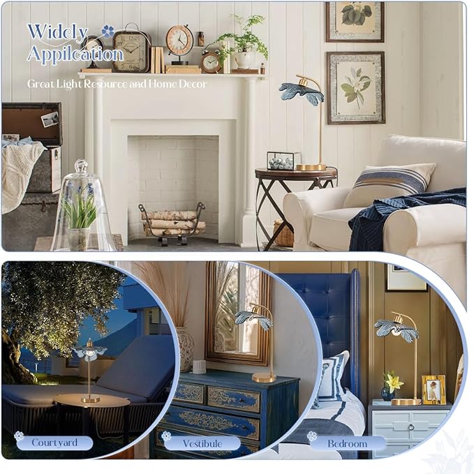 Gold Table lamp set of 2, Touch Table lamp with Blue Glass Flower Shade Mid Century Modern Lamps Bedside nightstand lamp Side Table Lamps Small Table lamp for Bedroom Living Room Office Farmhouse