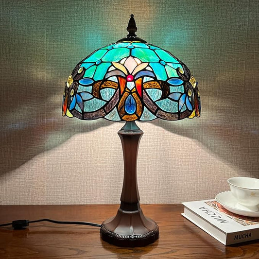 Tiffany Table Lamp,Green Stained Glass Table Light,Antique Style Medium Size Desk Lamp Vintage Bedside Reading Lamp for Living Room Bedroom Office