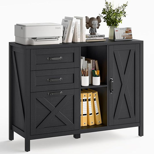 Lateral File Cabinet with 3 Drawers and Door, Farmhouse File Cabinet with Adjustable Shelf for Letter/A4 Size Hanging Files, Printer Stand with Storage Cabinet for Home Office Furniture, Black