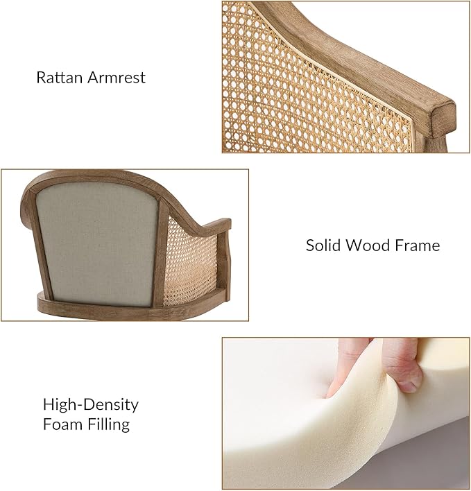 TINA'S HOME Rattan Desk Chair, Upholstered Home Office Chair with Armrest, Adjustable Swivel Rolling Height Computer Task Chair for Living Room Bedroom Study Room, Linen