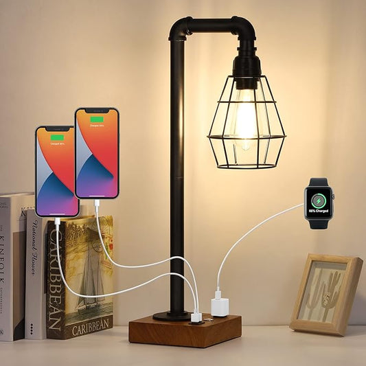 Industrial Touch Control Table Lamp, LED Bulb Included, 3 Way Dimmble Lamp with 2 USB Ports and AC Outlet, Bedside Nightstand Desk Lamps with Metal Cage Shade for Bedroom Living Room Farmhouse