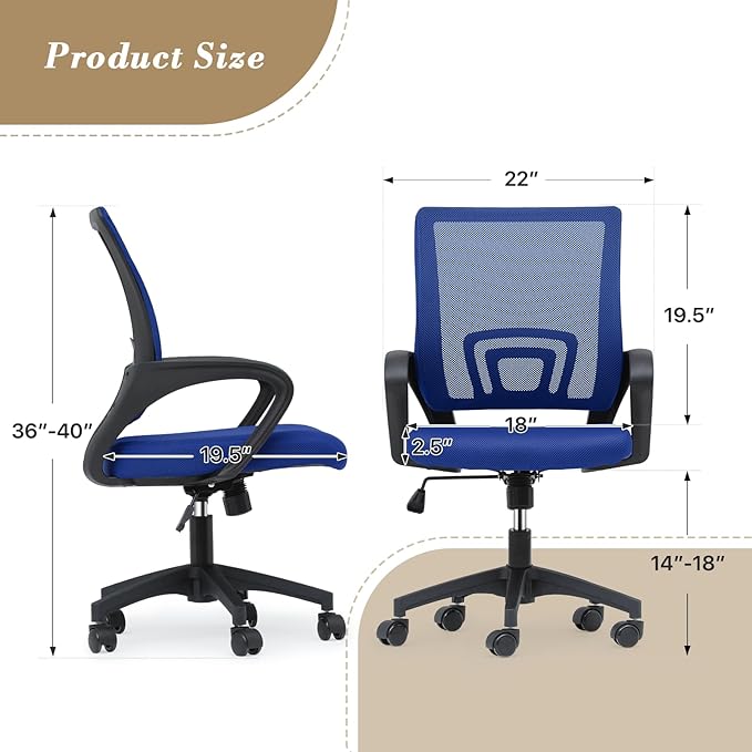 Athena Collection Computer Office Chair, Ergonomic Desk Chair with Rolling Wheels, Mesh Back Support and Height Adjustable, Small and Comfy for Home Office, Study, Blue