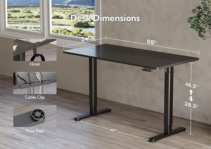 Claiks Electric Standing Desk, Adjustable Height Stand up Desk, 55x24 Inches Sit Stand Home Office Desk with Splice Board, Black Frame/Black Top
