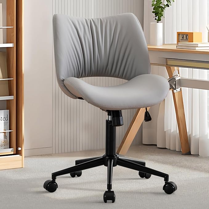 Rowill Armless Office Desk Chair, Ergonomic PU Leather Modern Task Chair with Back Adjustable Height, 360° Swivel Vanity Chairs with Wheels for Small Space, Home Office, Bedroom, Grey