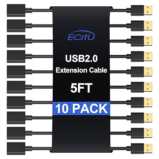 USB Extender Cord 5FT(10 Pack), USB 2.0 Extension Cable, USB A Male to Female, Compatible for USB Flash Drive, Hard Drive, Card Reader, Webcam, Printer, Keyboard, Mouse, Playstation, Xbox, VR Headset