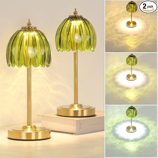 Set of 2 Cordless Table Lamp with 5000mAh Battery & Touch Control - 3 Adjustable Color Temperatures, Dimmable RechargeableTable Lamps for Bedroom, Office Desk, Nightstand (Green Tulip)