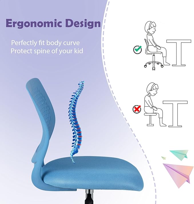 POWERSTONE Small Home Office Desk Chair, Swivel Rolling Study Computer Chair, Adjustable Height Task Chair with Armless Mid Back, Upholstered Mesh Seat, Blue