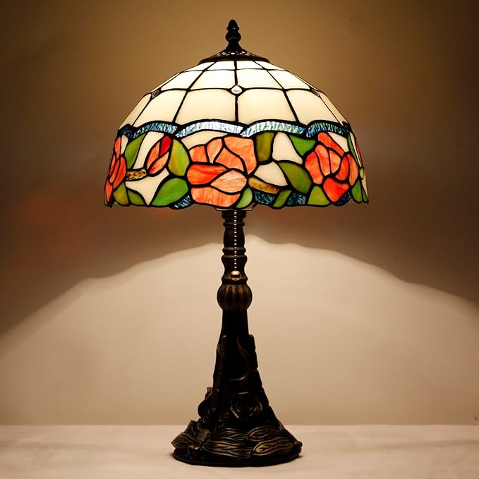 Tiffany Stained Glass lamp 12X12X19 inch red Rose Style Desk Reading Light in Bedroom Living Room (Red Rose)