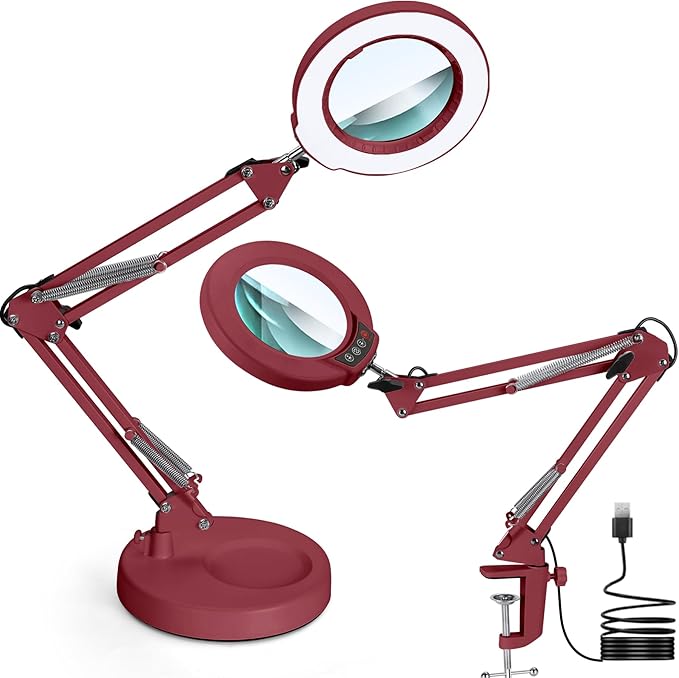 10X Magnifying Glass with Light and Stand, Upgrade Button 5 Color Modes Stepless Dimmable, 2-in-1 LED Lighted Magnifier Light, Hands Free Desk Lamp with Clamp for Craft Hobby Close Work - Red