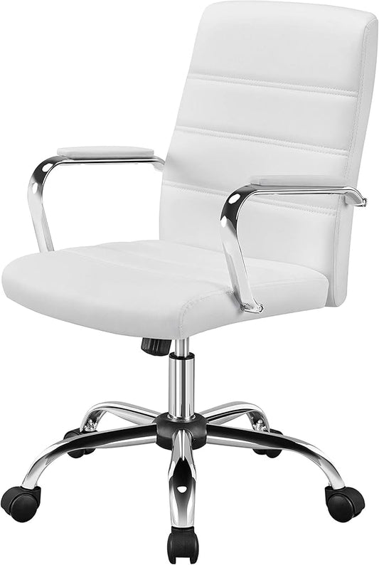 Yaheetech Office Desk Chair Mid-Back Leather Computer Chair Height Adjustable Ergonomic Executive Chair w/Lumbar Support Comfy Thick Padded Armrests and Seat, White