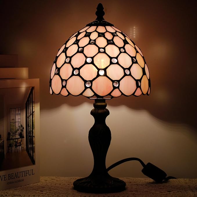 Small Tiffany Lamp Stained Glass Table Lamp Mini Desk Accent Light for Bedroom Bedside Reading Home Antique Style Decor 8X15 Inches (Pink)