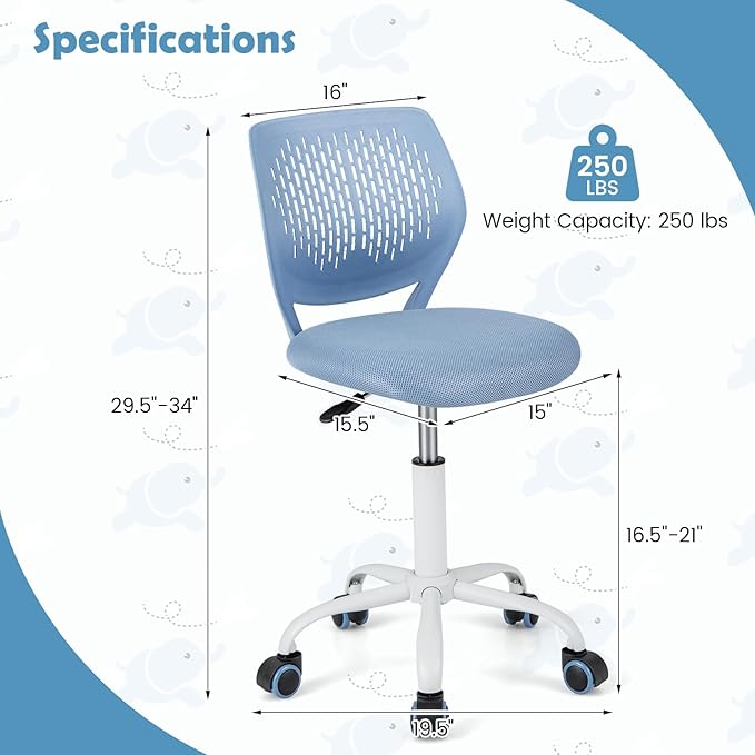 POWERSTONE Small Home Office Desk Chair, Swivel Rolling Study Computer Chair, Adjustable Height Task Chair with Armless Mid Back, Upholstered Mesh Seat, Blue
