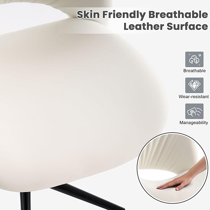 Rowill Armless Office Desk Chair, Ergonomic PU Leather Modern Task Chair with Back Adjustable Height, 360° Swivel Vanity Chairs with Wheels for Small Space, Home Office, Bedroom, White