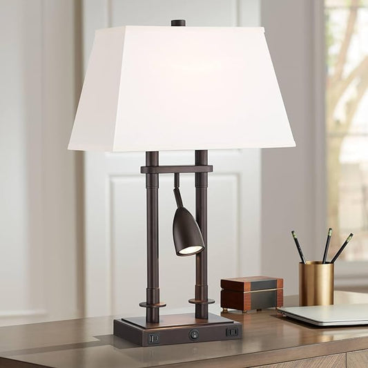 Possini Euro Design Bishop 26 1/2" Tall Modern Desk Lamp with USB Charging Port A+C and AC Power Outlet Brown Bronze Finish Metal Base White Shade Home Office Living Room Bedroom Bedside Nightstand