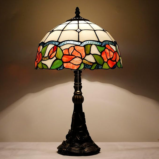 Tiffany Stained Glass lamp 12X12X19 inch red Rose Style Desk Reading Light in Bedroom Living Room (Red Rose)