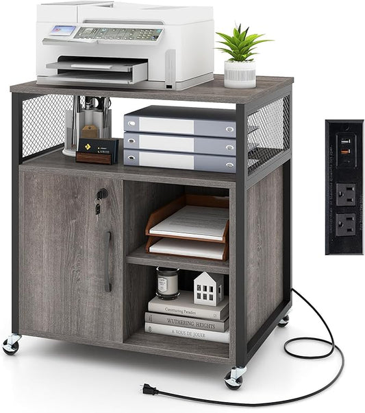 LOKO Rolling File Cabinet with Charging Station, Mobile Lateral Filing Cabinet with Lock, Adjustable Shelf, Metal Frame, Modern Printer Stand on Lockable Wheels for Home Office, Small Space (Grey)