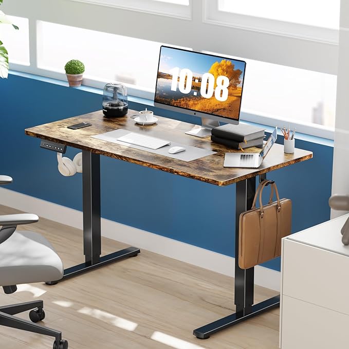 Sweetcrispy Electric Standing Desk Adjustable Height, 55x24 Inch Sit Stand Up Home Office Desks Computer Workstation PC Work Table with 3 Memory Preset Splice Wood Board Metal Frame, Rustic