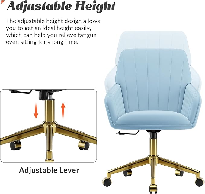 YISHENG Velvet Office Desk Chair with Gold Base, with Wheels,Modern Height Adjustable 360 Degree Swivel Upholstered Vanity Chairs with Arms for Living Room Bedroom,Sky Blue