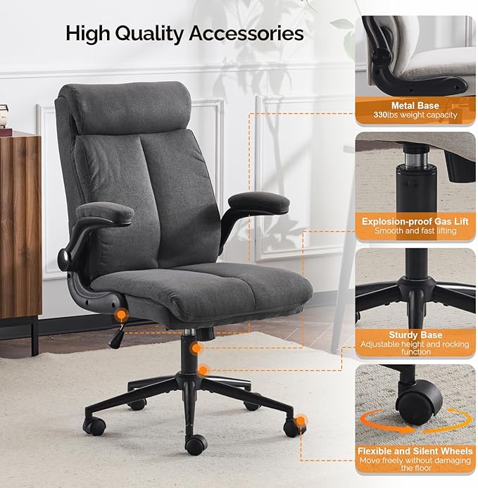 VINGLI Rolling Ergonomic Office Desk Chair with Padded Flip-up Arms, 360° Swivel High Back Executive Computer Task Chair with Wheels for Game，Home Small Space, Study Room, Reading Room, Linen Black