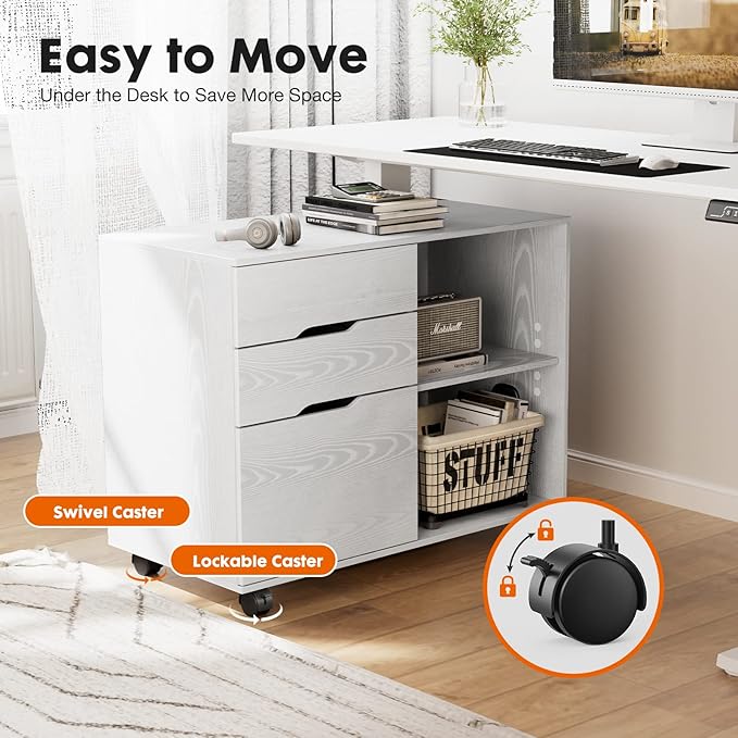 File Cabinet with 3 Drawers, Mobile Lateral Filing Cabinet with Open Storage Shelves for Home Office Under Desk Storage, White