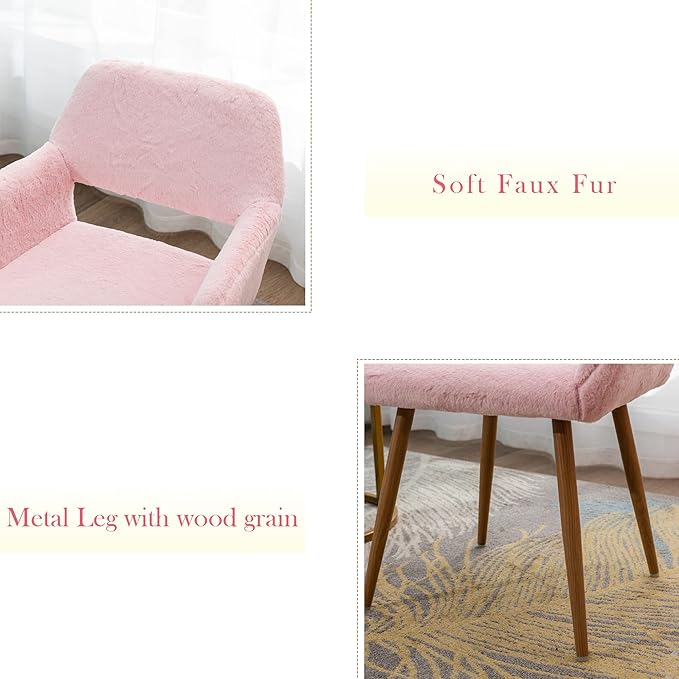 KCC Furry Desk Chair Set of 2, Mid-Century Modern Accent Faux Fur Chair for Teen Girls, Comfy Armchair with Wood Look Metal Legs for Living Room, Home Vanity Makeup Office Desk Chairs No Wheel, Pink