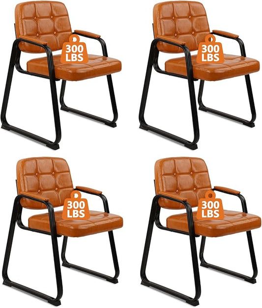 CLATINA Waiting Room Chairs No Wheels Set of 4, Stationary Leather Office Reception Guest Chair with Padded Arms and Sled Base for Elderly Desk Conference Room Lobby Table Side Salon, Orange