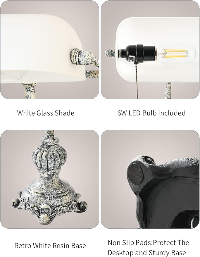 Newrays Retro White Matted Glass Bankers Desk Lamp for Home Office,Library with Pull Chain Switch Plug in Fixture, LED Bulb Included
