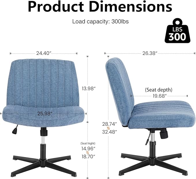 DUMOS Criss Cross Legged Chair Wide Comfy Home Office Desk Seat, No Wheels Armless Computer Task Seating, Swivel Vanity Chair Height Adjustable for Makeup Bedroom, Fabric Blue